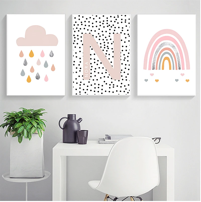 

Настенный плакат для девочек с именем на заказ, холст с принтом в виде розового облака и радуги, Постер в скандинавском стиле для детской ком...