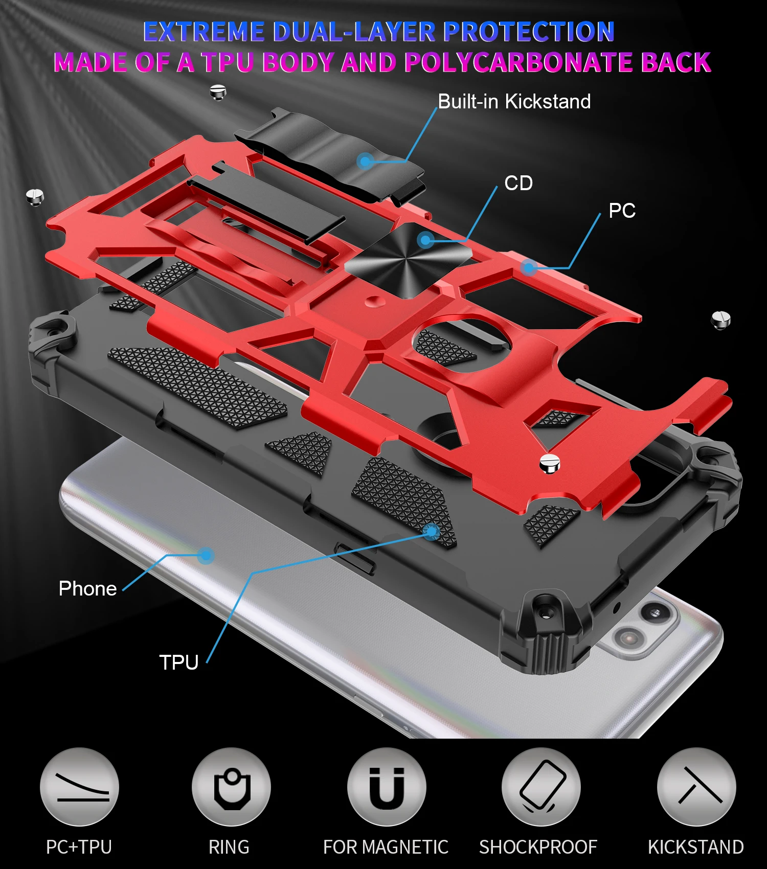 

Phone Case For Motorola One Fusion Plus E6S 2020 Anti fall shockproof Heavy protection Magnetic Invisible Bracket PC Back Cover