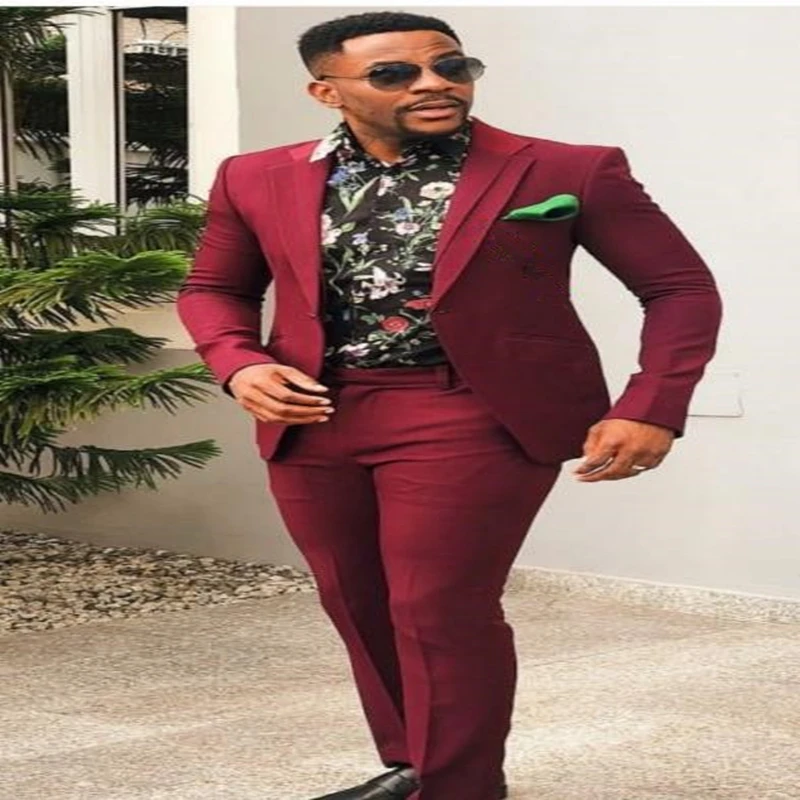 

2022 New Arrival Notch Lapel Men's Burgundy Suits 2 Pieces Slim Fit Custom Made Bridegroom Wedding Tuxedos Formal Wear Blazer