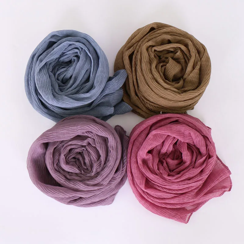

Muslim Scarf Voile Solid Color Headband Long Scarf Islamic Women Head Scarf BPleated Headwear Wrinkled Muslim Hijab Turban