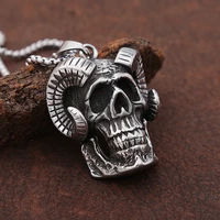 gothic satan demon lucifer skull pendant necklace men retro stainless steel biker satan shofar necklace chain jewelry gift