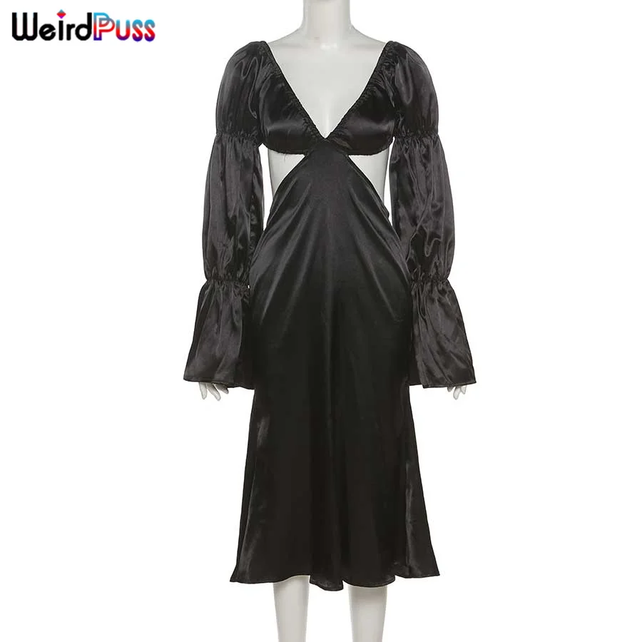 

Weird Puss Elegant Party Black Trumpet Dress Women Sexy Deep V-Neck Lantern Sleeve Bodycon Autumn Trend Hollow Out Fit Clubwear