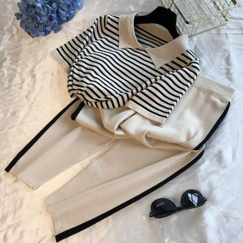 

Korean Style Elastic Knitted Two-Piece Suits Women Polo Collar Short Sleeve Stripe Tops Ankle-Length Pants Fashion Summer Sets