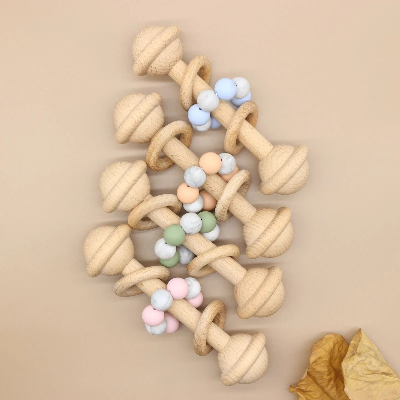 

Baby Beech Teether Bell Rattle Toddler Teething Nursing Toy Shower Gifts Soother Molar Beads Ring