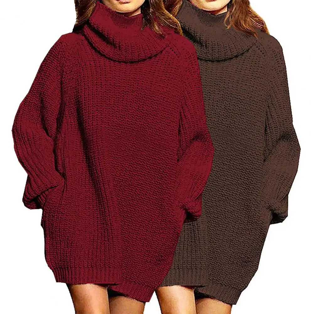 

Women Knitted Dress Comfy Mini Sweater Turtleneck Pullover