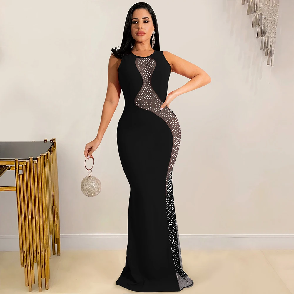 

Elegant Mesh Rhinestones Mermaid Party Dresses for Women Fashion Sleeveless Backless See Through Celebrity Clubwear Robe Femme