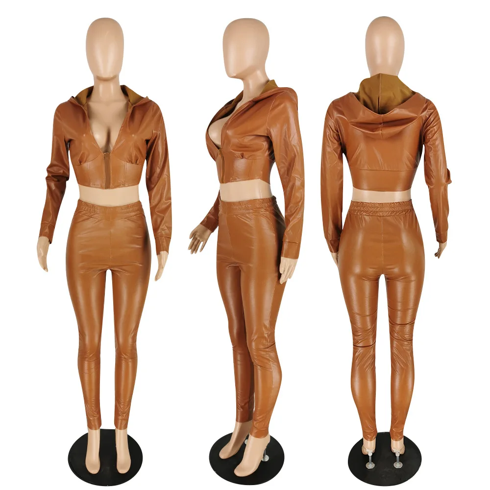 

Europe's new sexy solid color nightclub women's suit fashion slim fit V-Neck long sleeve zipper jacket and trousers set