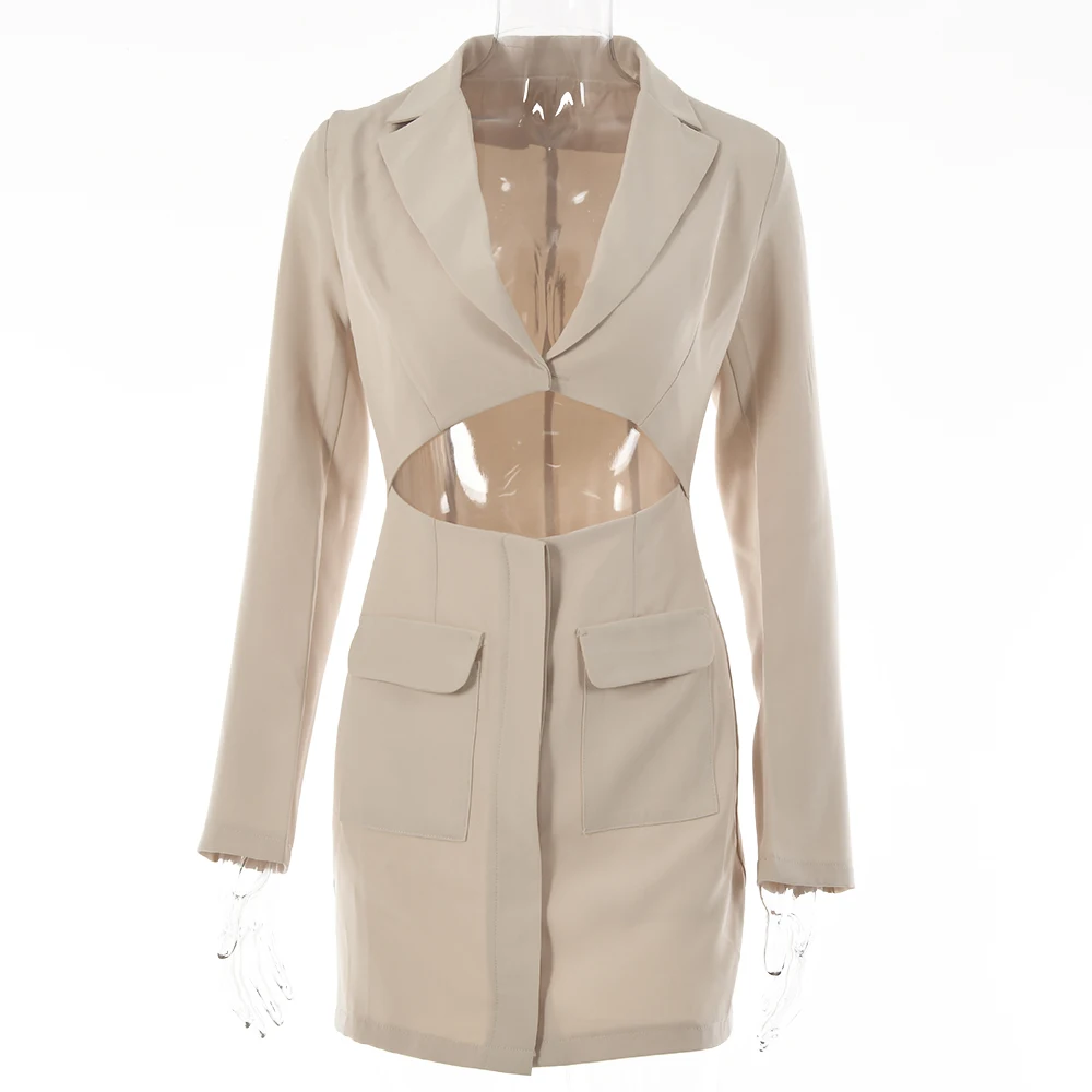 

2021 Autumn Fashion Long Sleeve Blazer Dress Women Sexy Notched Collar Hollow Out Buttons Jacket Office Ladies Slim Outfits