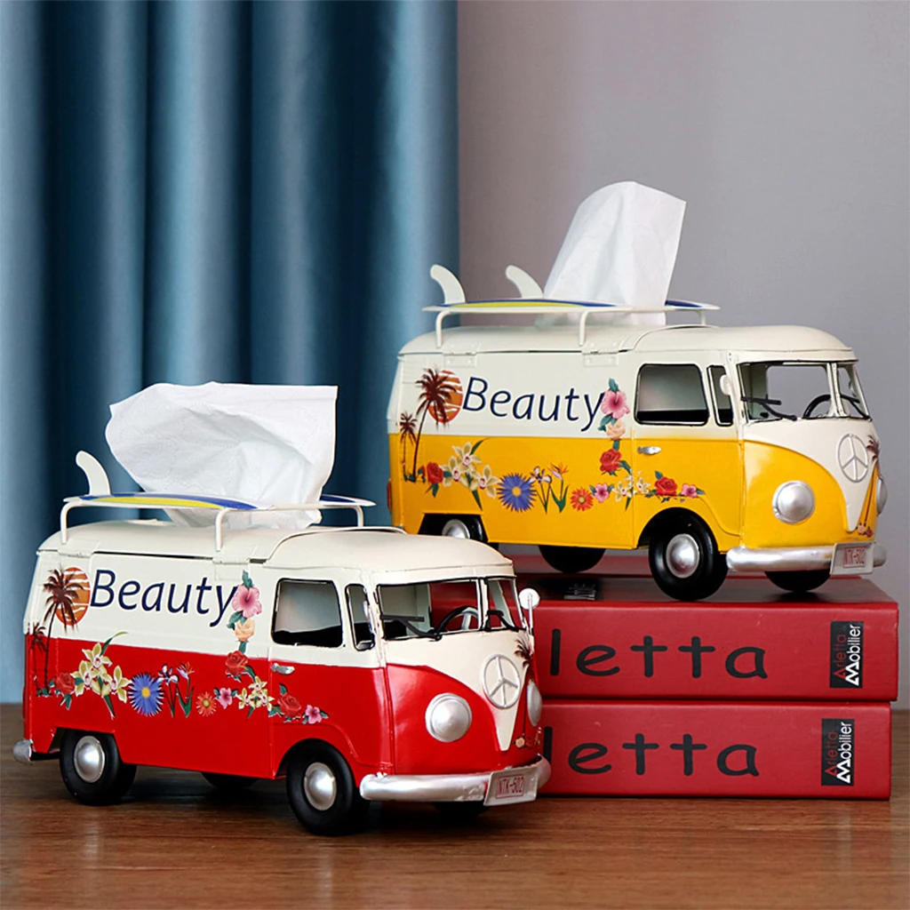 

Retro Car Tissue Box Flower Bus Model Figurines Napkin Paper Organizer Holder Ornaments Living Room Home Decorative