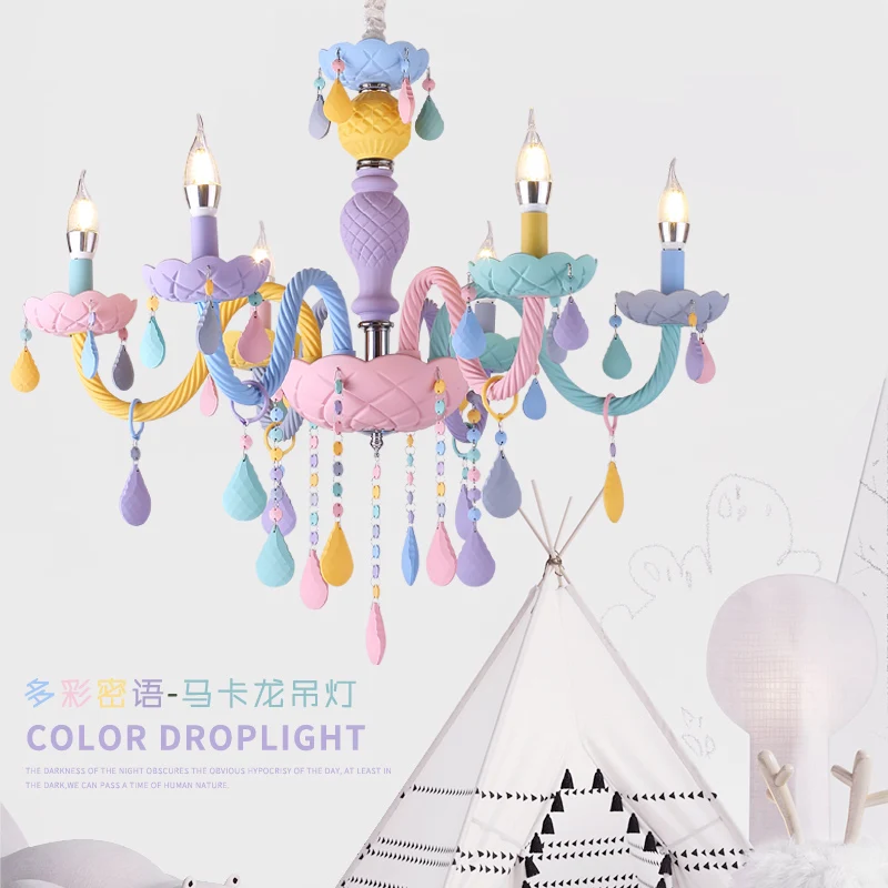

Colorful Crystal Chandelier Macaron Color Droplight Children Bedroom Lamp Creative Fantasy Luminaire Stained Glass Lustre