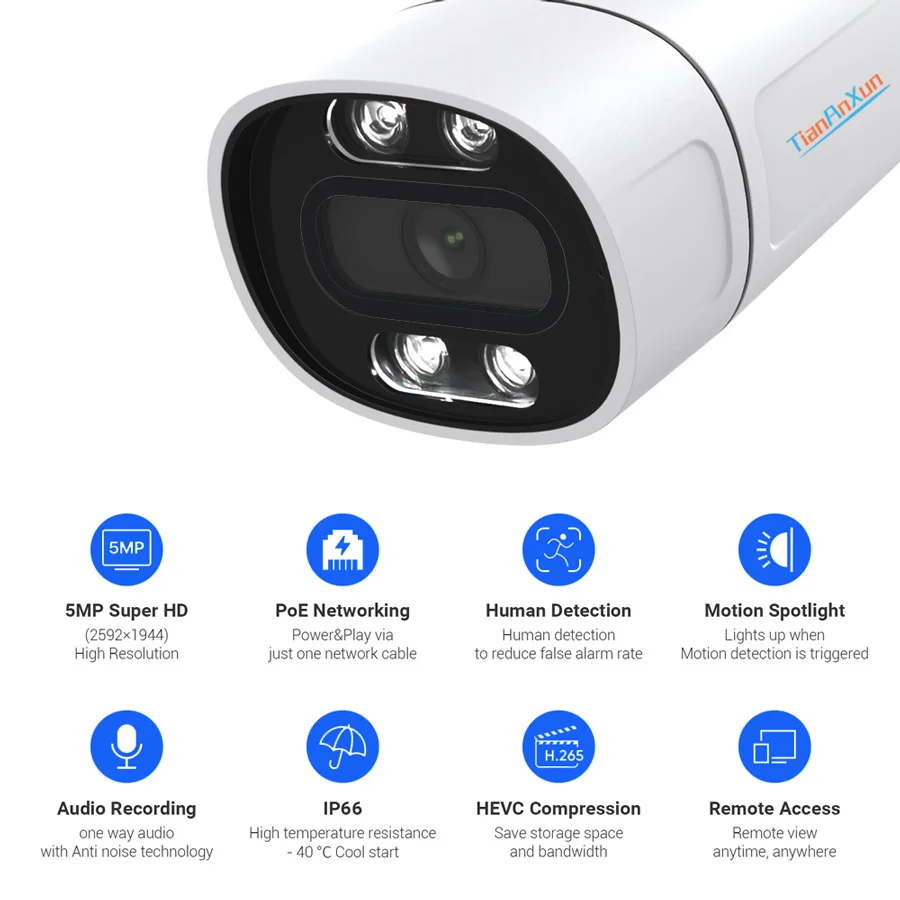 tiananxun 5mp ip camera poe cctv security cameras outdoor ai face detection audio video surveillance for nvr system free global shipping