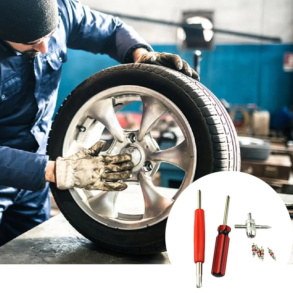 

Tire Valve Repair Tool Set Dual Single Head Valve Core Remover Tools with 4-Way Valve Tool Brass Valve Cores