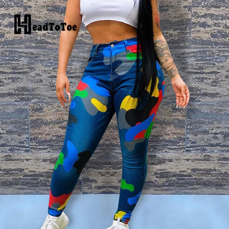 

Colorful Camouflage Print Skinny Pants Women High Waist Casual Pants