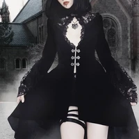 black goth dress elegant sexy lace patchwork long flare sleeve button embellished high low dress vestidos gothic medieval 2019