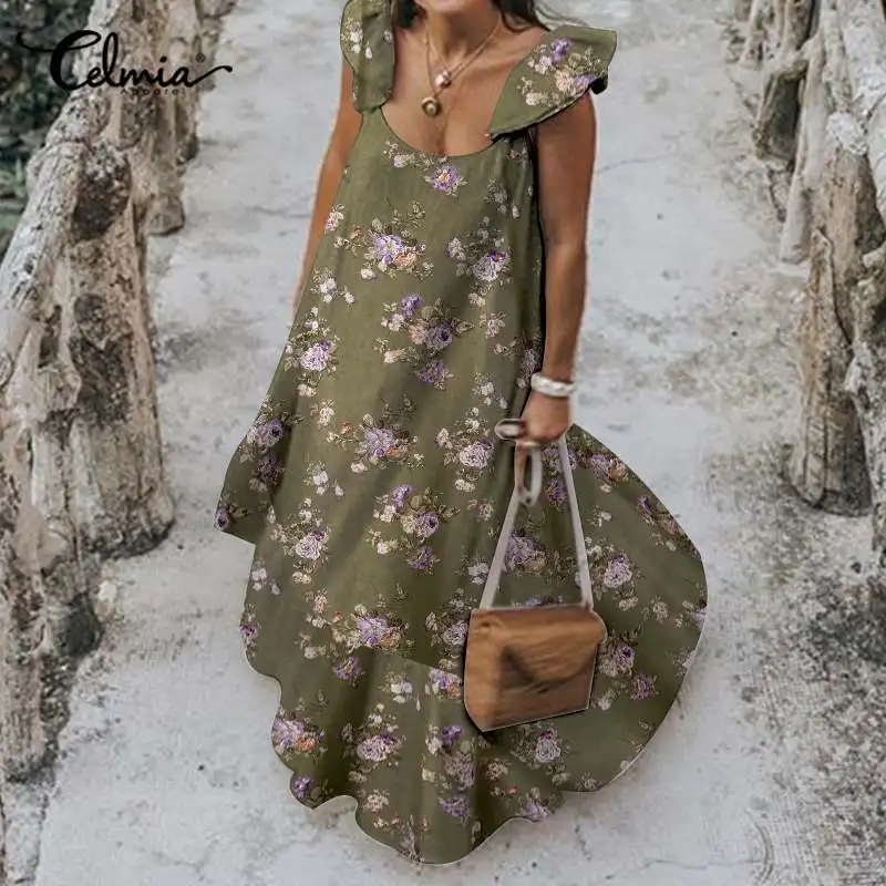 

Celmia Floral Print Sleeveless Vestidos Women Ruffled Bohemian Summer Sundress A-line Stitching 2021 Fashion Robes Maxi Dress