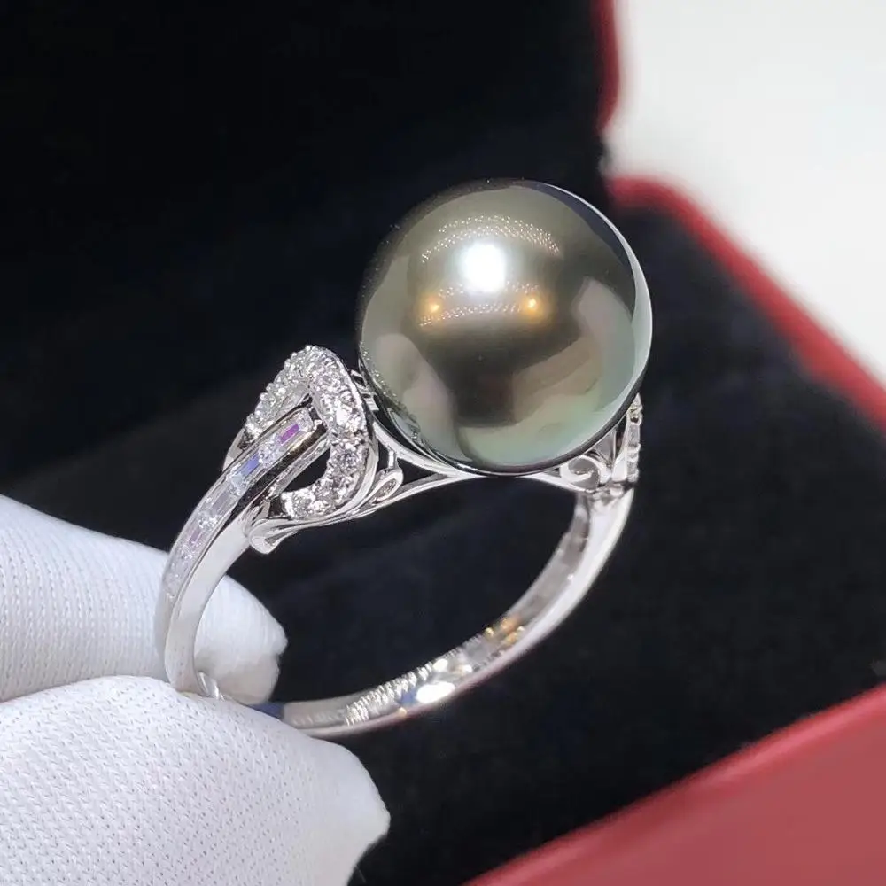 

D319 Pearl Ring Solid 14k White Gold 11-12mm Natural Ocean Sea Tahiti Black Pearls Female's Rings for Women Fine Gifts