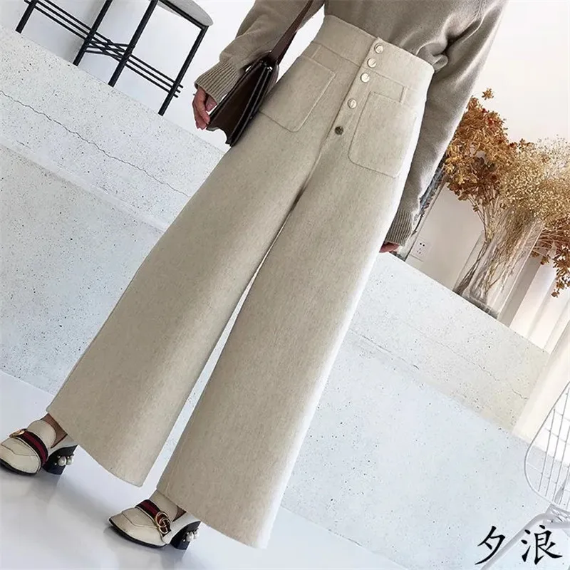 

Autumn Winter New Korea Fashion Women High Waist Woolen Wide Leg Pants All-matched Casual Solid Loose Femme Trousers Street Wear