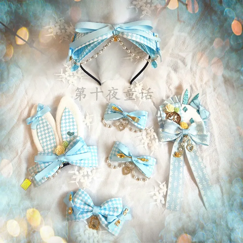 

Sweet Lolita Anime Alice Hairpin Hair Band Soft Girl Blue White Plaid Bow JSK KC Headband Side Clip Retro Accessories Cosplay