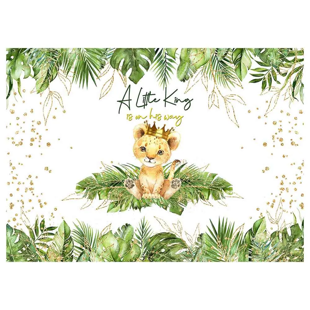 Фотозадник для новорожденных "Маленький король" с львом в лесу, золотистыми горошками и персонализированным днем рождения.