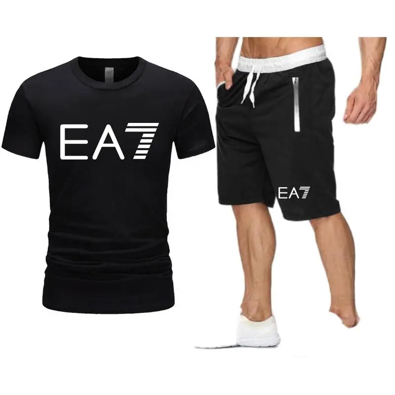 

Popular new printed cotton men's T-shirt + Sports Shorts Set high quality sports running funny top solid round neck hip hop