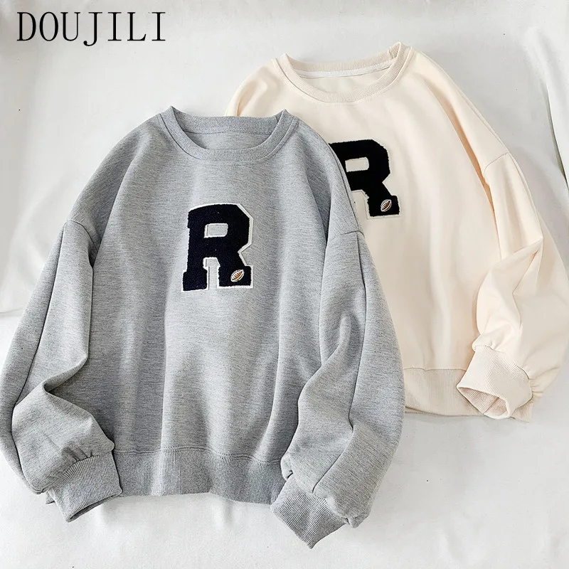 

DOUJILI Casual Wearing R-Letter Print Sweatshirts Oversize Long Sleeve O Neck Loose Pullovers Hip Hop Women Sweatshirt