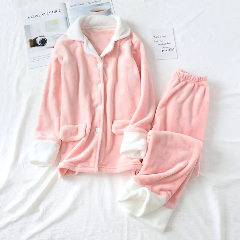 Women-Pink Осенне-зимние женские пижамные комплекты теплые фланелевые пижамы с длинными рукавами мужской и женский толстый домашний костюм пижама для влюбленных - Цвет: Women-Pink