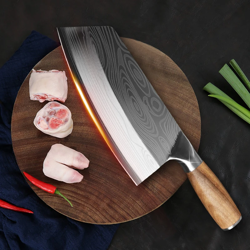 

Kitchen Knife Damascus Laser Pattern Chinese Chef Knife Stainless Steel Butcher Knife Meat Cleaver with Wooden Handle