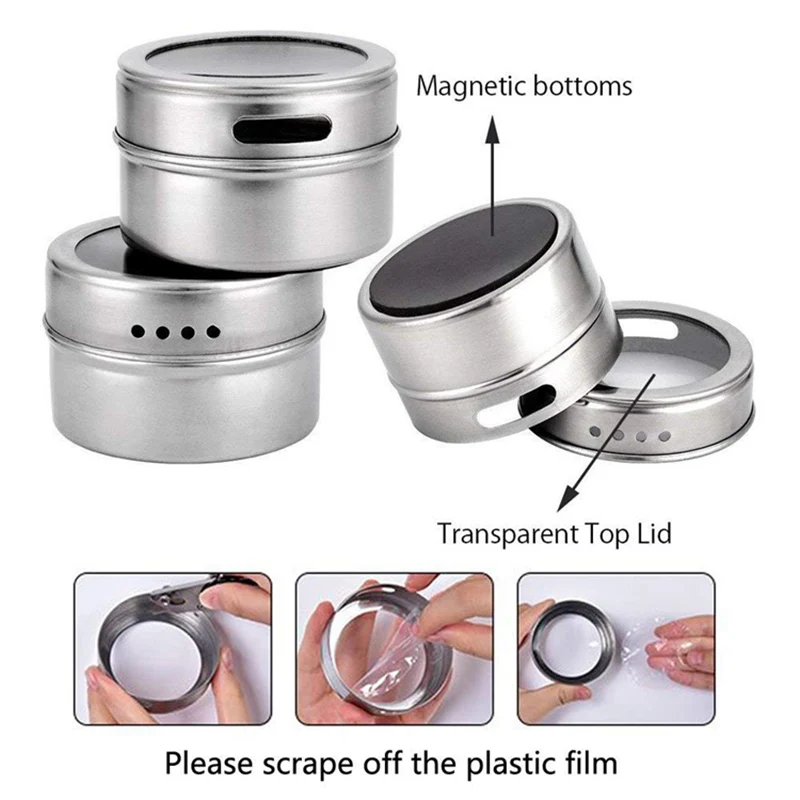 

6/9pcs Magnetic Seasoning Jar Set Stainless Steel Spice Bottle Can Kitchen Supplies Barbecue Sugar Salt Pepper Herb Shakers Box