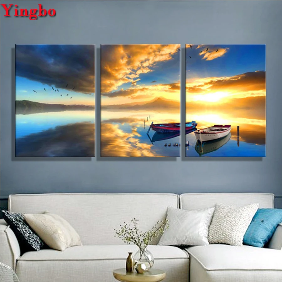 

5D Diy Diamond Painting Cross Stitch Seascape Sunset Scenery Diamond Embroidery Full Rhinestones Painting Mosaic Inlay 3 PCS