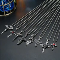 1pc punk vintage metal rose cross skeleton necklace personality gothic red zircon sword pendant necklace women men jewelry