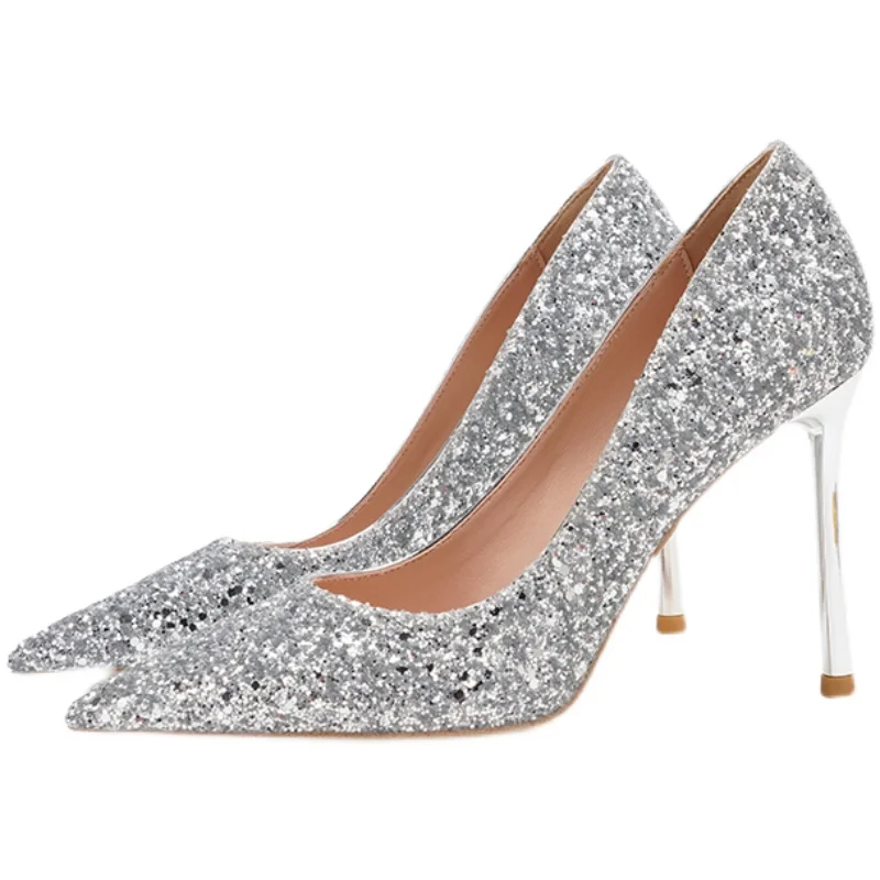 

Spring wedding shoes bridal shoes wedding dress two wear not tired feet silver crystal shoes 2021 new thin high heels sequins