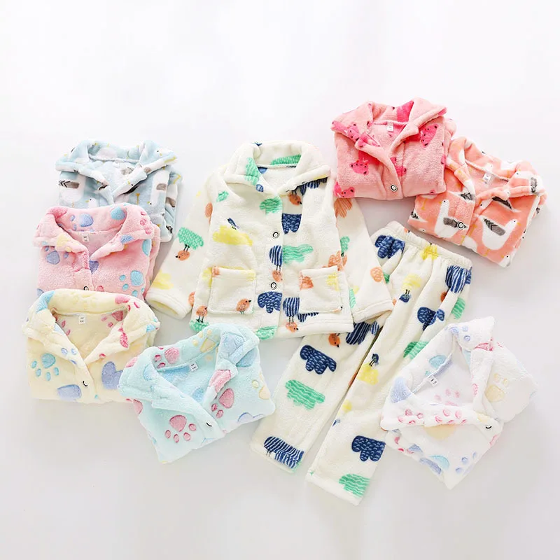

Autumn Winter Kids Pajamas Sets Cartoon Print Flannel Toddler Boys Clothing Set Homewear Big Girls Sleepwear Children Nightgown