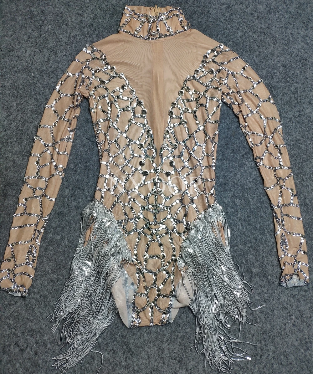 Sparkly Silver Rhinestones Nude Mesh Transparent Fringe Bodysuit Luxurious Dance Costume Sexy Nightclub Bar DJ Singer Stage Wear