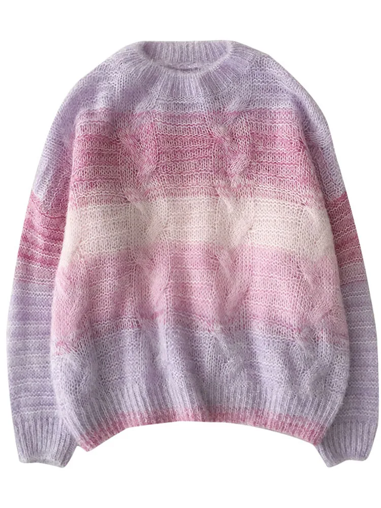 

Autumn Winter Korean Sweet Sweaters Women Fashion O Neck Drop Shoulder Graduated Color Soft Knitted Pullover Tops for Female