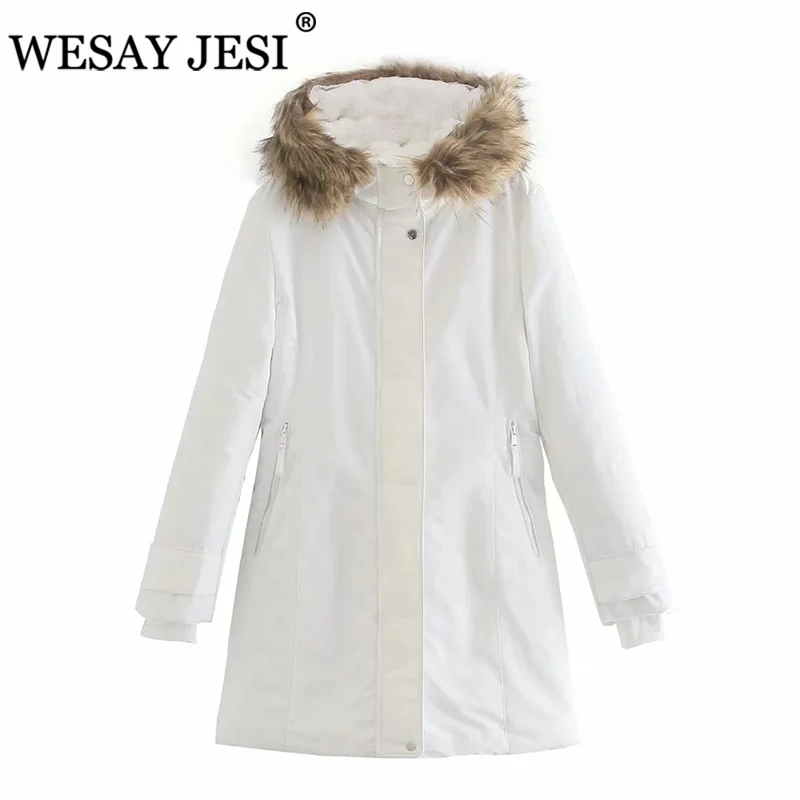 

WESAY JESI Za 2021 Jacket Thicken Hooded Solid Jackets Fur Collar Warm Parkas Hidden Pocket Fashion Commute Winter Clothes Women