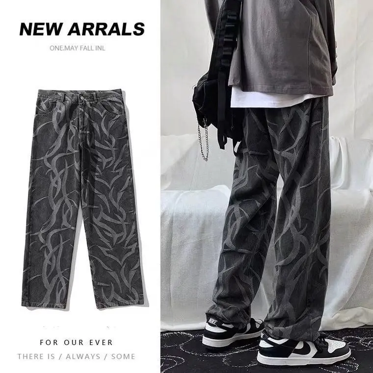 

Full Printed Jeans Male Thorn Black Denim Men's Washed Jeans Hip Hop Straight Wide Leg Trousers High Street Korean Harem Pants