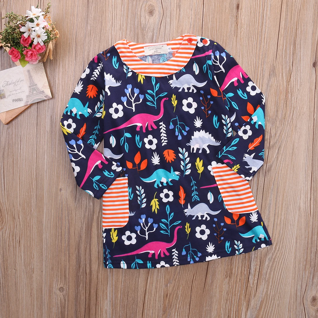 

Little Girls Dress, Long Sleeve Cartoon Cute Patterns Classical Round Neck Outfit, Loose Side Pockets Wild Fashion Dress