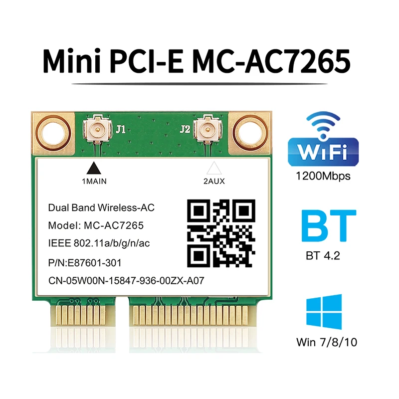 

Dual Band 1200Mbps Wireless Card MC-AC7265 Bluetooth 4.2 Notebook Wlan Wifi Card Adapter 802.11ac 2.4G/5GHz Better 7260HMW Pcie