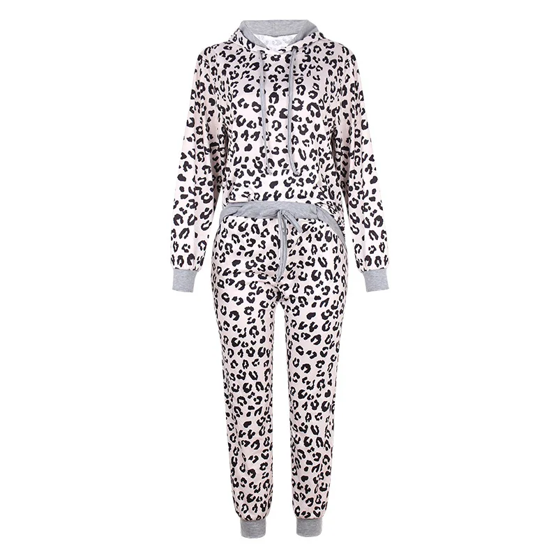 

Donsignet Fashion Women's Suit New Spring Casual Hooded Collar Pullover Leopard Print Loose Pocket Regular Trouser Suit