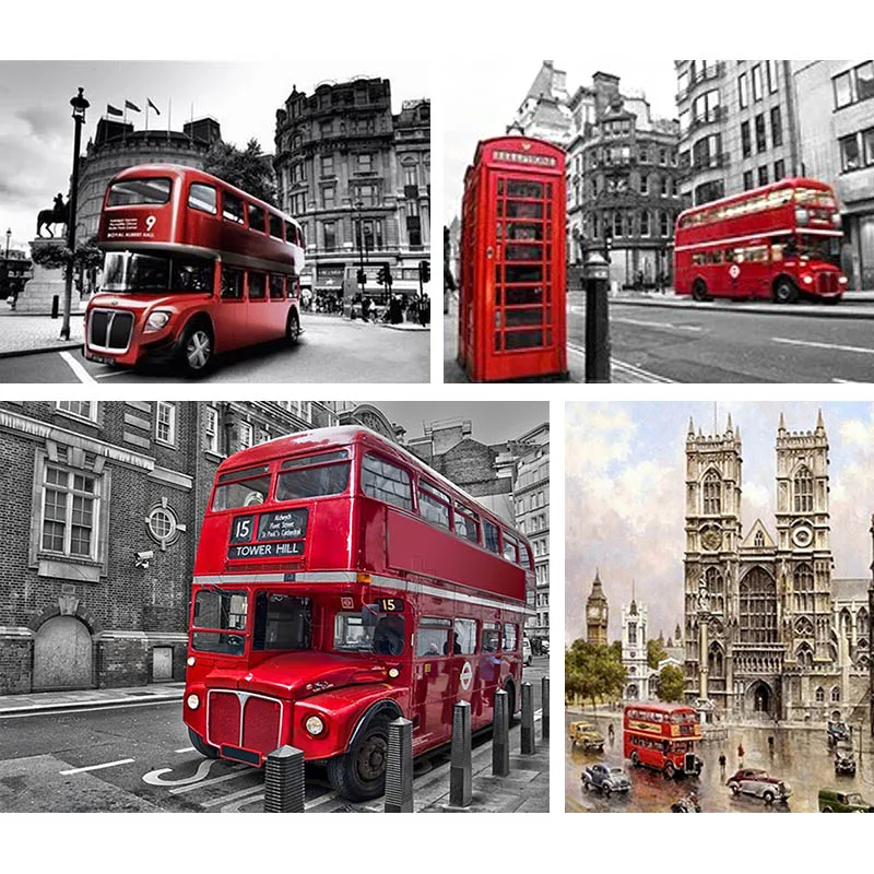 

5D DIY Cross Stitch Diamond Painting Red Bus Full Round Square Diamond Embroidery Street Building Mosaic Wall Decor Gift G95