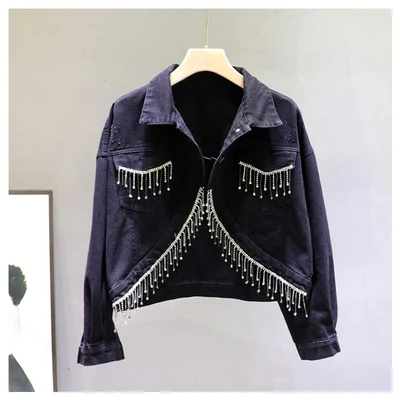

2020 Spring New Short Jeans Coat Women's Korean-style Loose-Fit Tassels Diamond Irregular Denim Top Slim Denim Jackets Femme