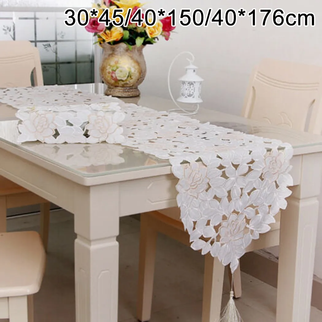 

1pc Polyester Table Runner White Lace Table Runner Mats Vintage Embroidered Flower Doily Dining Room Decor