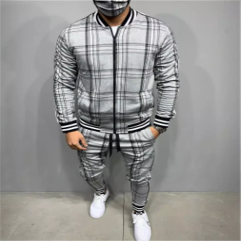 

Spring and autumn gentleman plaid men's suit jacket + pants, jogging shopping sportswear high quality 3D printing zipper two-pie