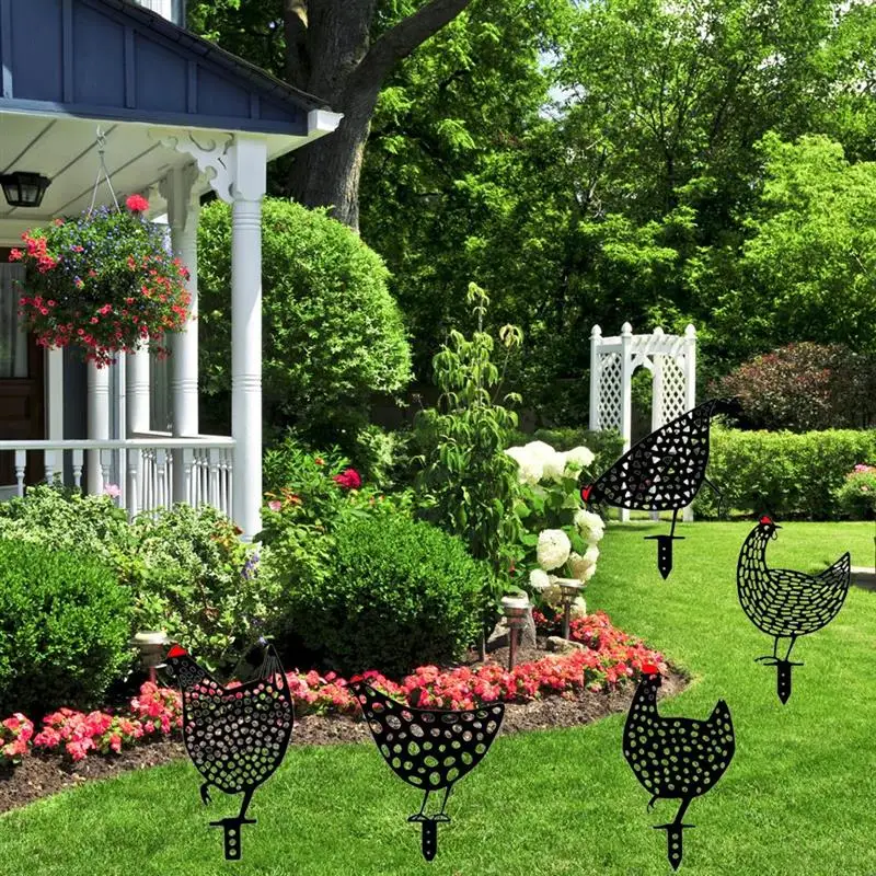 

5PCS Iron Chicken Garden Decoration Garden Stake Black Chicken Crafts Animal Shape Decoration Metal Decoration For Yard Lawn