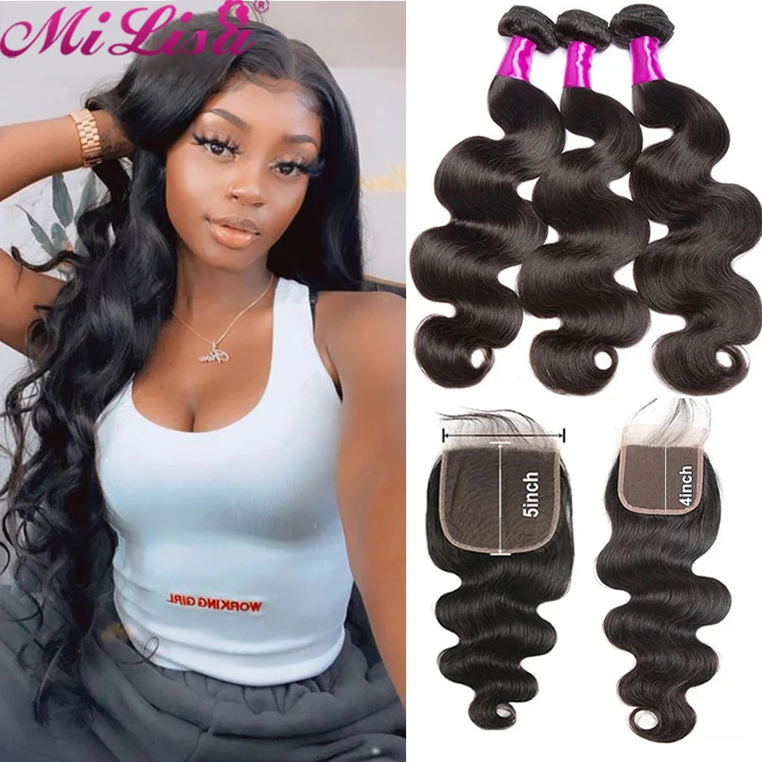 

Body Wave Bundles With 4x4 Closure Malaysia Hair Bundles 5X5 HD Transparent Closure with Bundles 10-30 Inch Remy Hair Extensions