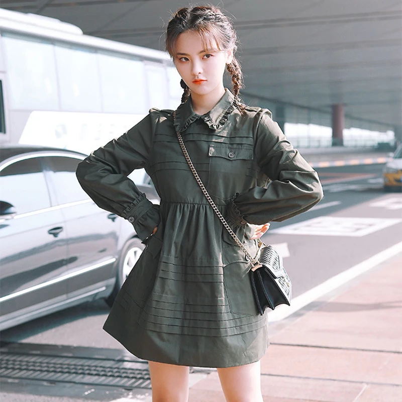 Платье рубашка в стиле милитари с длинным рукавом осень 2019 свободное мини платье
