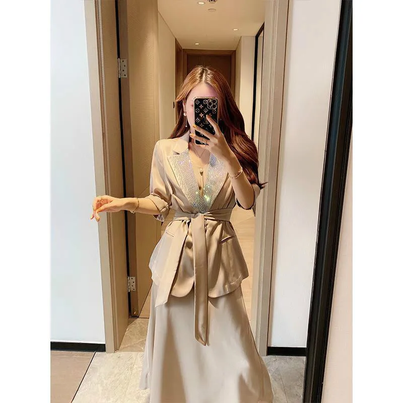

New Autumn Set Korean Chic Imitation Acetic Acid Two Piece Set Women Top Casual Blazer Coat Long Skirt Suits 2 Piece Set Y458