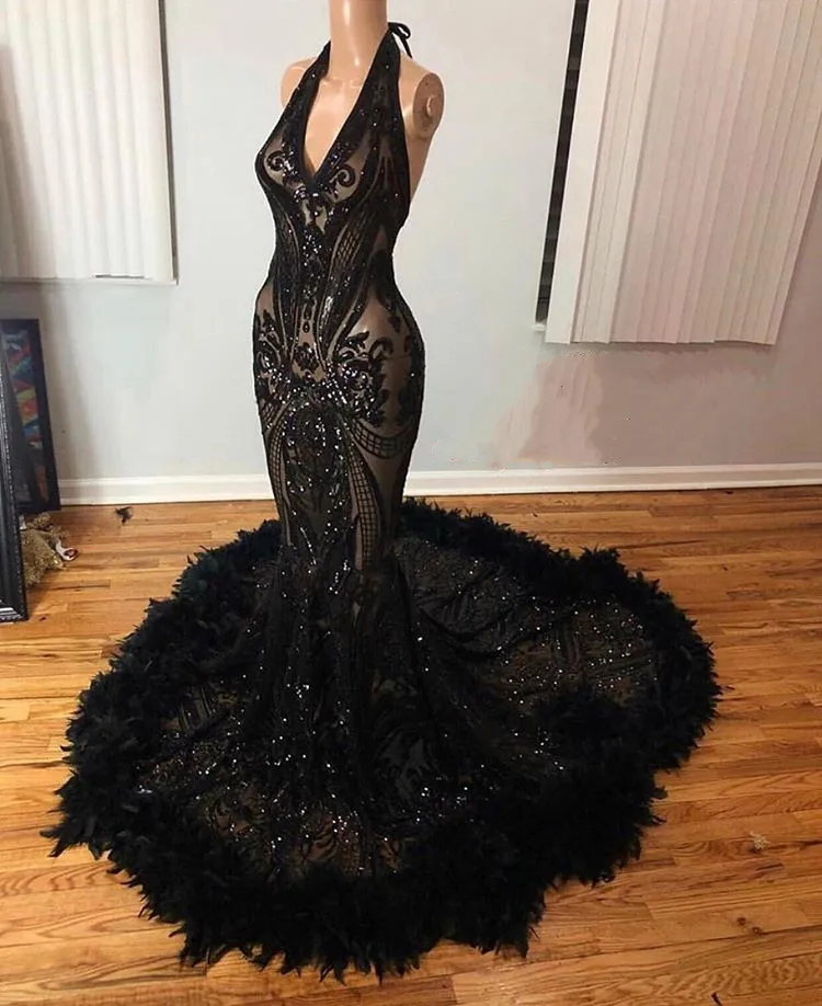 Sexy Long Mermaid Prom Dresses 2020 for Black Girls Sparkle Sequin Halter Neck with Feathers African Formal Dress Evening Gowns