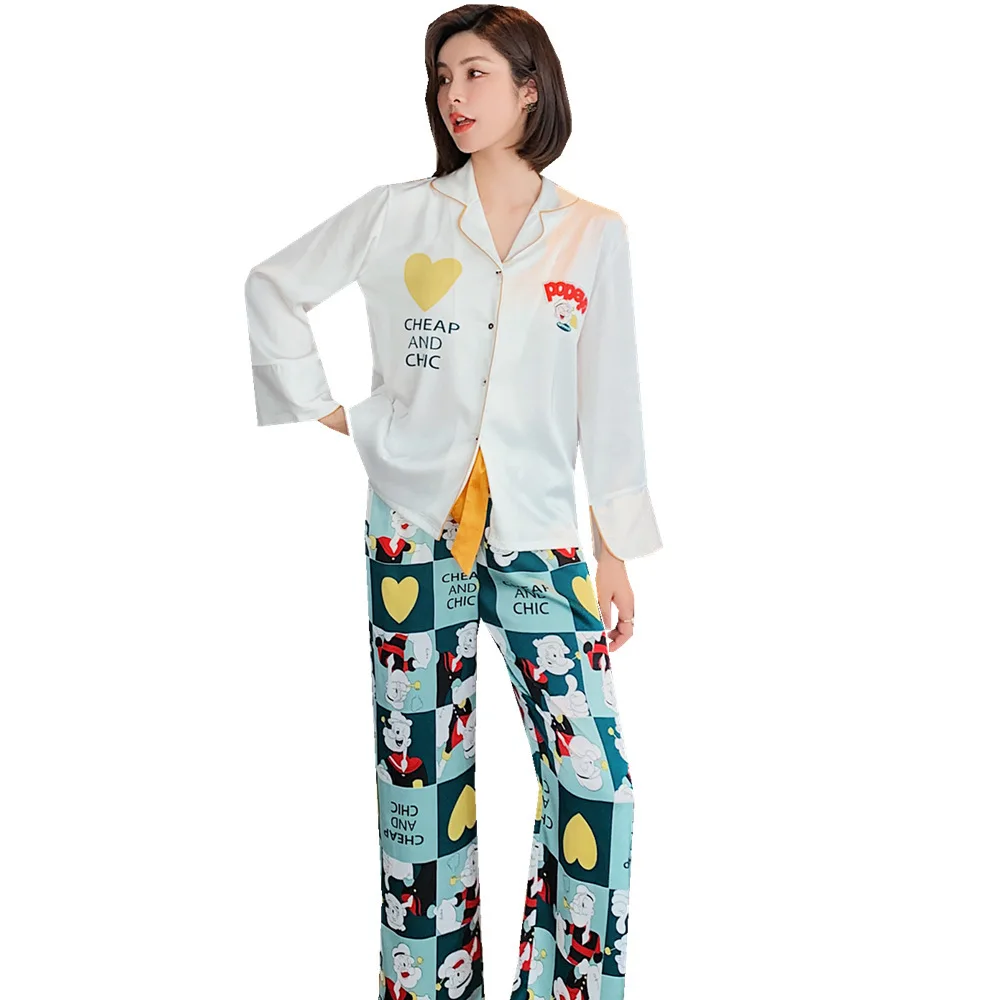 

Fashion breathable ladies ice silk pajamas lively and lovely long sleeve cardigan lapel girlfriends home service two-piece suit