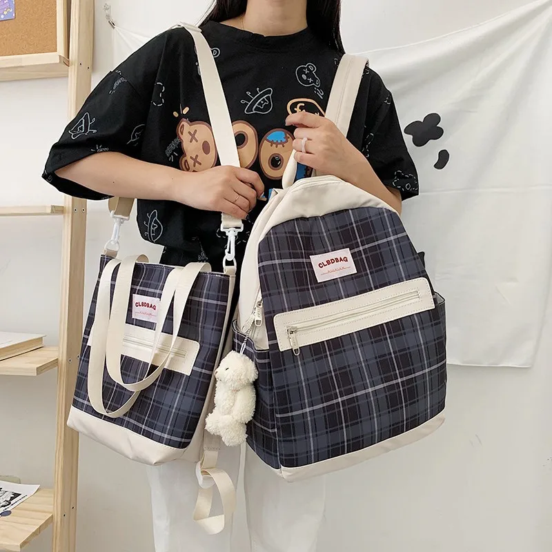 Комплект из 2 предметов, клетчатая школьная сумка для девочек, Симпатичные сумки для учеников, повседневный женский рюкзак, 2021